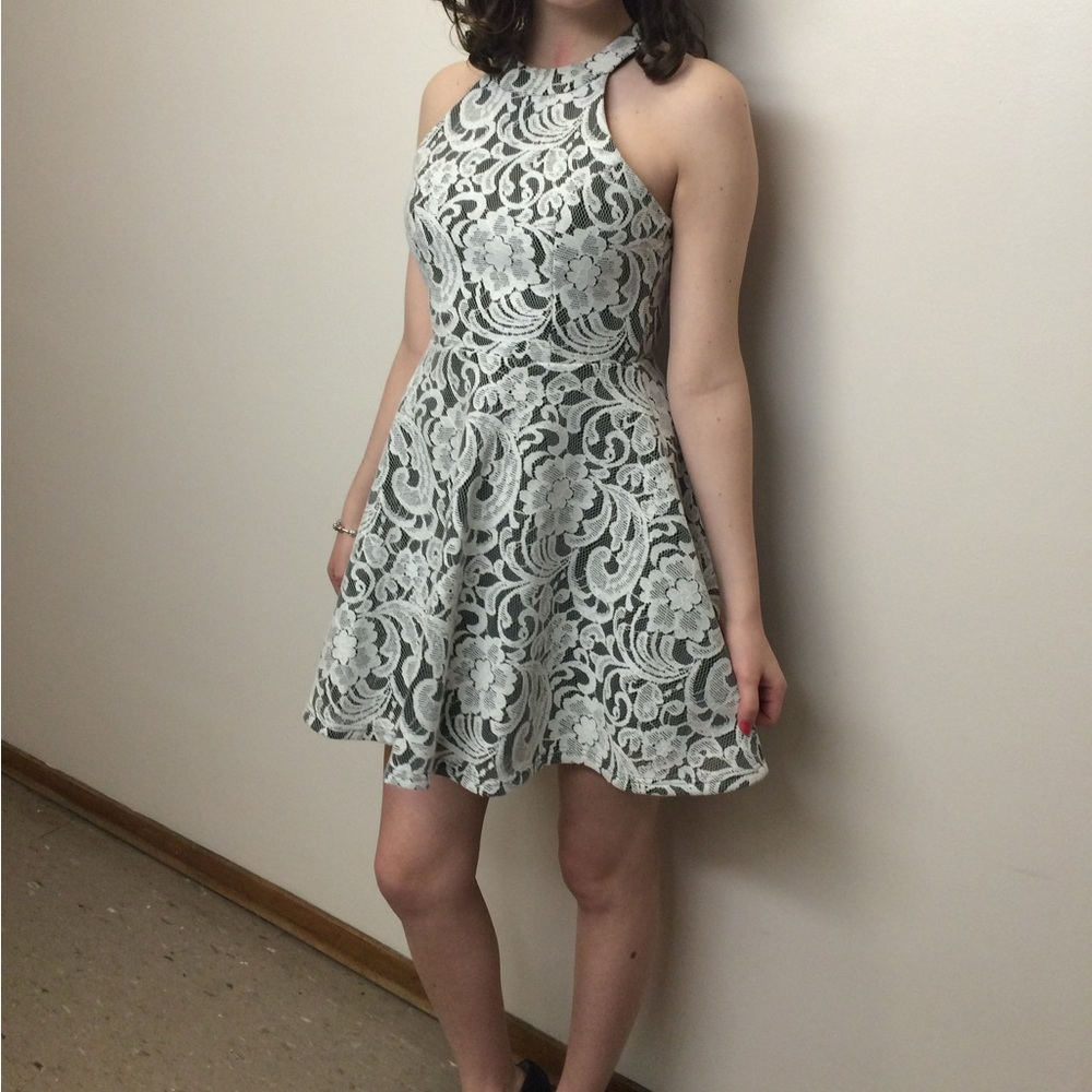 Mendocino Black Dress with White Lace One-Shoulder Look